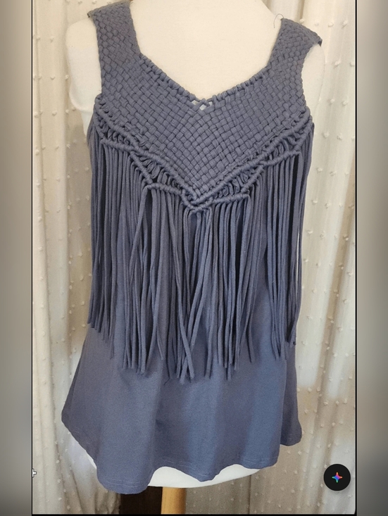 Tops - T16 Fringed Woven Yoke Western Tank Top w lace inset back - Slate Blue